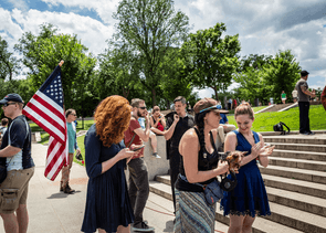 People at a demonstration in front of the Lincoln Memorial